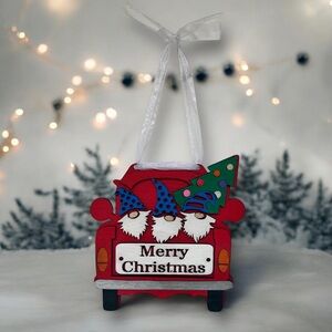 Mini Gnome Merry Christmas Door Hanger, Vintage Red Truck Holiday Decor, Gnomes